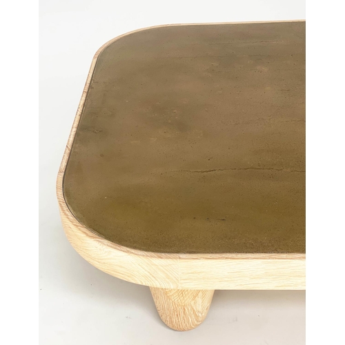 290 - JULIAN CHICHESTR COFFEE TABLE, brass rounded rectangular and bleached oak, 130cm W x 38cm H x 84cm D... 