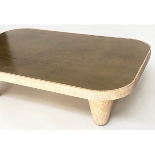 290 - JULIAN CHICHESTR COFFEE TABLE, brass rounded rectangular and bleached oak, 130cm W x 38cm H x 84cm D... 