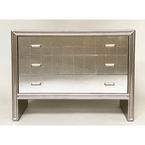 291 - JULIAN CHICHESTER 'TEMPLE' CHEST, silvered wood framed and verre eglomise panelled with three drawer... 