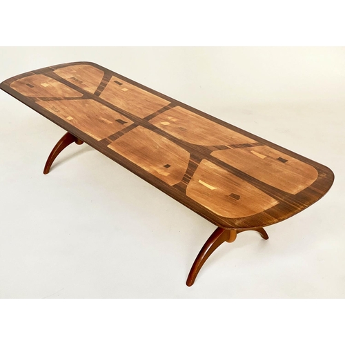 292 - HEALS LONG TOM TABLE BY EVEREST, specimen wood on trestle supports, 152cm W x 47cm D x 36cm H.