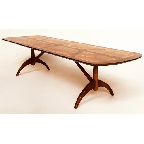 292 - HEALS LONG TOM TABLE BY EVEREST, specimen wood on trestle supports, 152cm W x 47cm D x 36cm H.