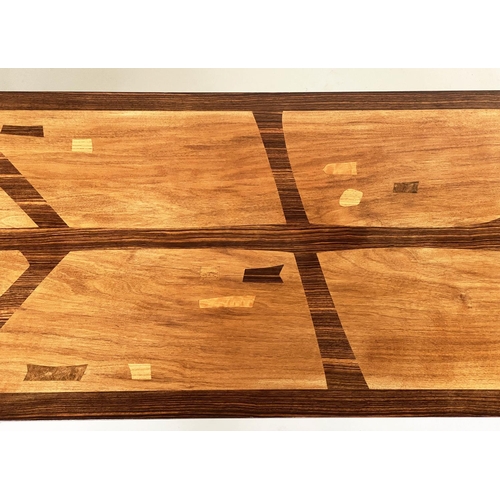 292 - HEALS LONG TOM TABLE BY EVEREST, specimen wood on trestle supports, 152cm W x 47cm D x 36cm H.