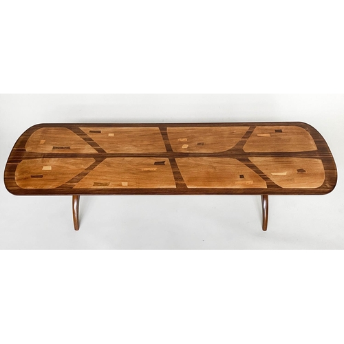 292 - HEALS LONG TOM TABLE BY EVEREST, specimen wood on trestle supports, 152cm W x 47cm D x 36cm H.