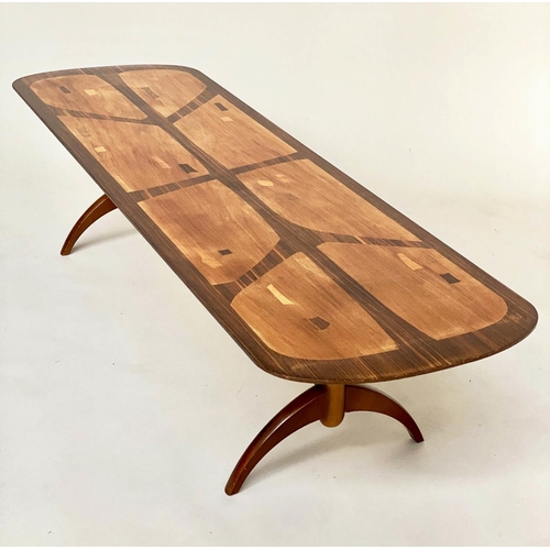 292 - HEALS LONG TOM TABLE BY EVEREST, specimen wood on trestle supports, 152cm W x 47cm D x 36cm H.