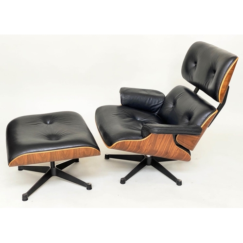 293 - LOUNGER ARMCHAIR STOOL, Charles and Ray Eames inspired buttoned black leather, plywood framed and fi... 