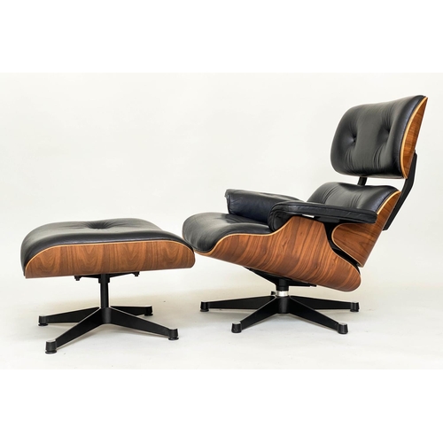 293 - LOUNGER ARMCHAIR STOOL, Charles and Ray Eames inspired buttoned black leather, plywood framed and fi... 