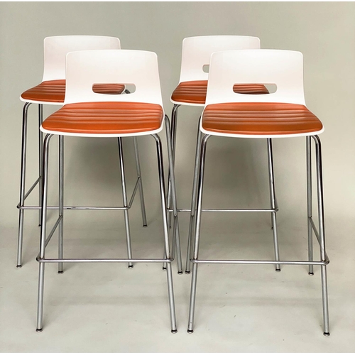 295 - ALLERMUIR BAR STOOLS, a set of four, white moulded metal framed and orange seat pads, 97cm H. (4)