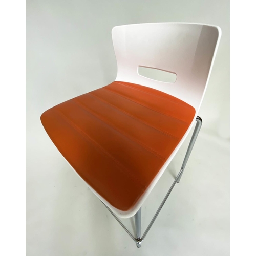 295 - ALLERMUIR BAR STOOLS, a set of four, white moulded metal framed and orange seat pads, 97cm H. (4)