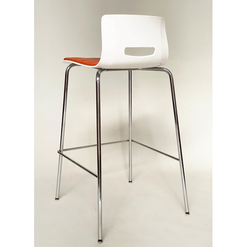 295 - ALLERMUIR BAR STOOLS, a set of four, white moulded metal framed and orange seat pads, 97cm H. (4)