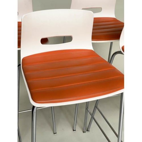 295 - ALLERMUIR BAR STOOLS, a set of four, white moulded metal framed and orange seat pads, 97cm H. (4)