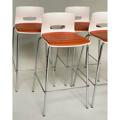 295 - ALLERMUIR BAR STOOLS, a set of four, white moulded metal framed and orange seat pads, 97cm H. (4)