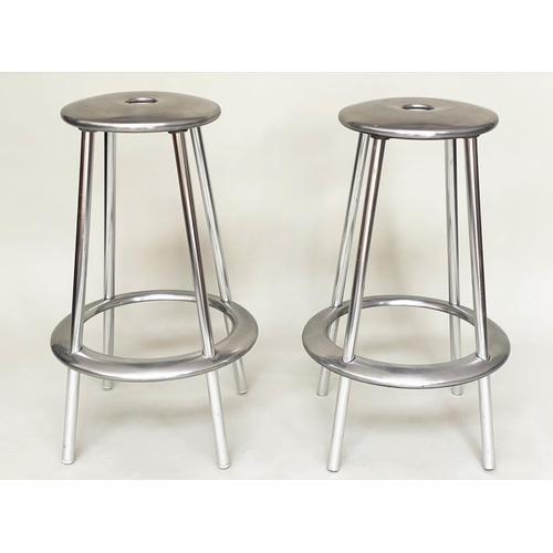 298 - ALLERMUIR BAR STOOLS, a pair, Amos Marchant and Lyndon Anderson aluminium, 75cm H. (2)