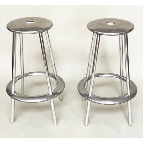 298 - ALLERMUIR BAR STOOLS, a pair, Amos Marchant and Lyndon Anderson aluminium, 75cm H. (2)