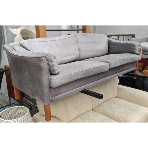 300 - DANISH SOFA, 1970's grey leather, two seater with teak supports, 175cm W.