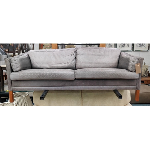 300 - DANISH SOFA, 1970's grey leather, two seater with teak supports, 175cm W.