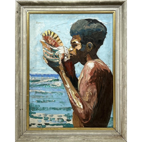 32 - MARIO BERRINO (Italian 1920-2011) 'Islander with Conch Shell', oil on canvas, 68cm x 48cm, framed.