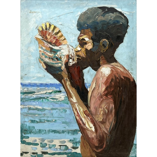 32 - MARIO BERRINO (Italian 1920-2011) 'Islander with Conch Shell', oil on canvas, 68cm x 48cm, framed.