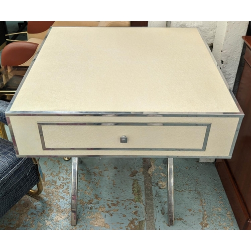 348 - SIDE TABLE, 80cm x 80.5cm x 85cm, faux shagreen finish with two drawers, polished metal X frame supp... 