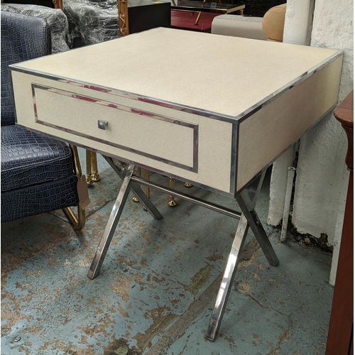 348 - SIDE TABLE, 80cm x 80.5cm x 85cm, faux shagreen finish with two drawers, polished metal X frame supp... 