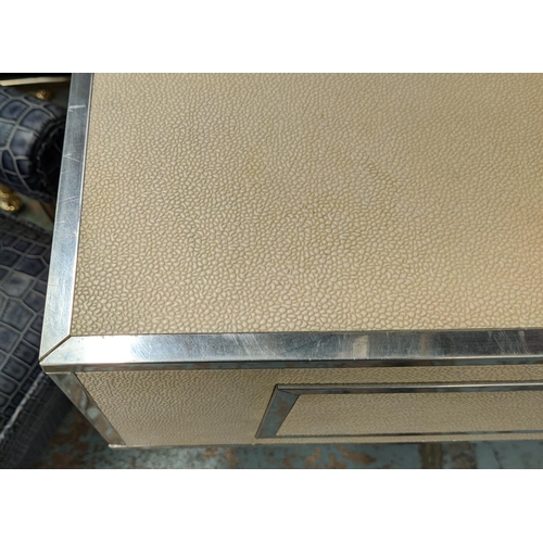 348 - SIDE TABLE, 80cm x 80.5cm x 85cm, faux shagreen finish with two drawers, polished metal X frame supp... 