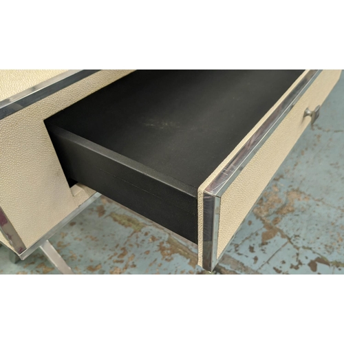 348 - SIDE TABLE, 80cm x 80.5cm x 85cm, faux shagreen finish with two drawers, polished metal X frame supp... 