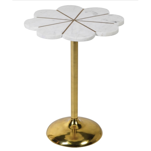 365 - SIDE TABLE, 48cm high, 38cm diameter, floral op design, marble top, gilt metal base. (2)