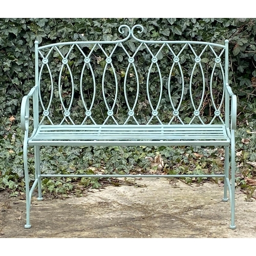 373 - GARDEN BENCH, 95cm H x 105cm W x54cm D, Regency style, painted pistachio green metal.