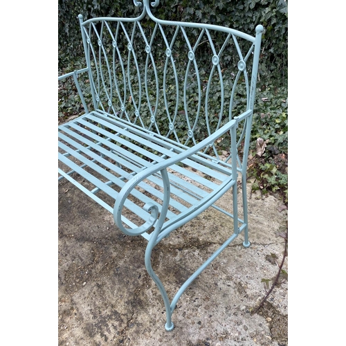 373 - GARDEN BENCH, 95cm H x 105cm W x54cm D, Regency style, painted pistachio green metal.