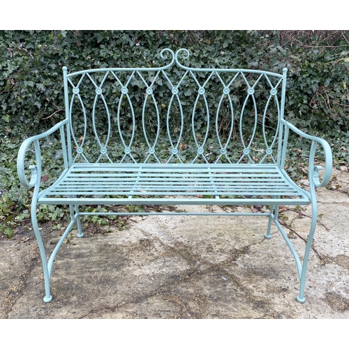 373 - GARDEN BENCH, 95cm H x 105cm W x54cm D, Regency style, painted pistachio green metal.