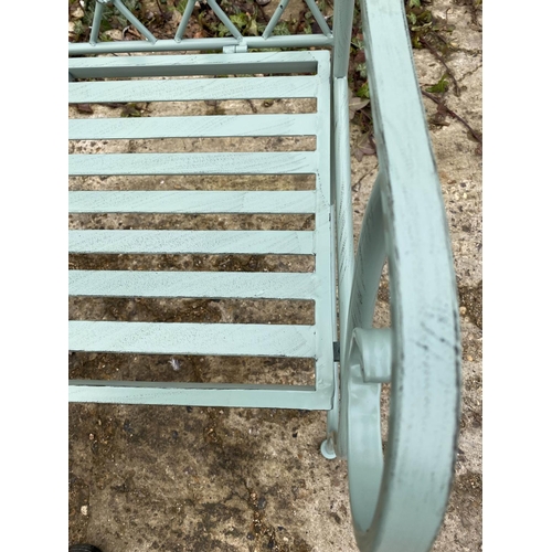 373 - GARDEN BENCH, 95cm H x 105cm W x54cm D, Regency style, painted pistachio green metal.