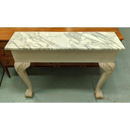 385 - CONSOLE TABLE, marble top, wall fixing with twin serpentine supports, ball and claw feet, 102cm x 29... 