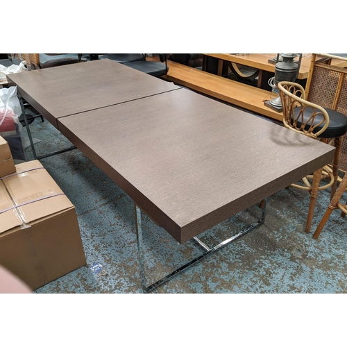 387 - DINING TABLE, extendable design with one leaf, polished metal base, 315cm x 100cm x 73cm at largest.