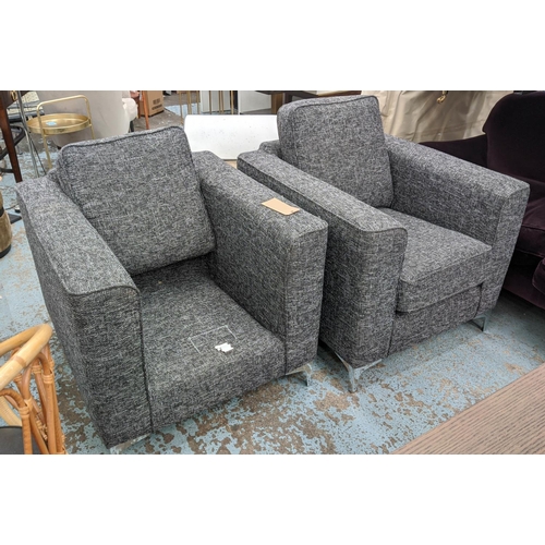 389 - ARMCHAIRS, a pair, thick woven grey upholstery, 83cm x 93cm x 95cm, polished metal supports. (2)