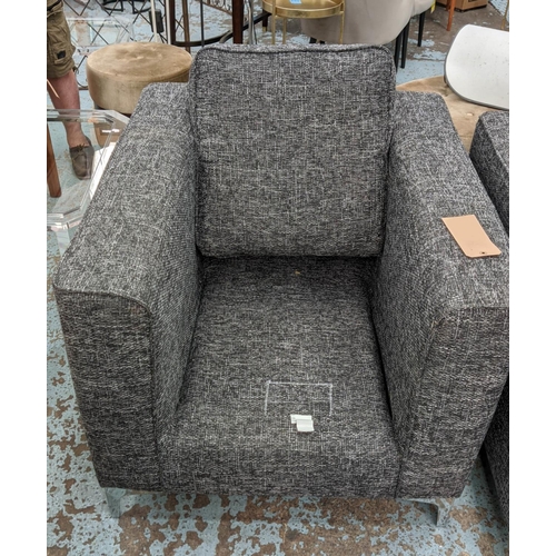 389 - ARMCHAIRS, a pair, thick woven grey upholstery, 83cm x 93cm x 95cm, polished metal supports. (2)