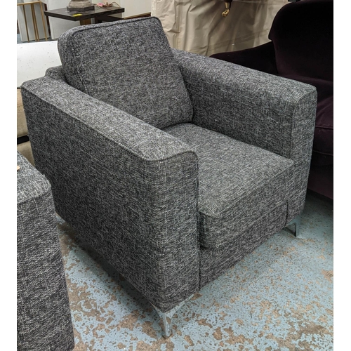 389 - ARMCHAIRS, a pair, thick woven grey upholstery, 83cm x 93cm x 95cm, polished metal supports. (2)