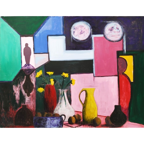 45 - ADRIAN DOLAN, 'Still Life with Fruit, Flowers, Jugs, Abstract Form and and Figures', oil on canvas, ... 