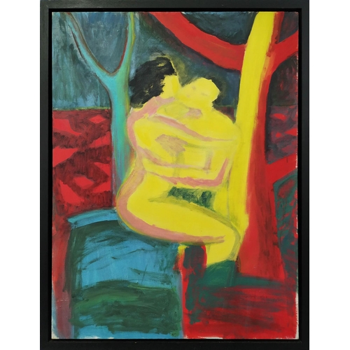 47 - MANNER OF HOURIA NIATI (born Algeria 1948), 'Embrace', oil on canvas, 80cm x 60cm, framed.