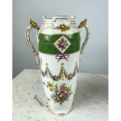 7 - DRESDEN VASES, a pair, twin handled with foliate decoration, green bands and gilt highlights, 36cm H... 