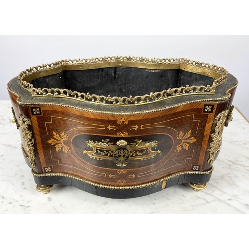 8 - JARDINIERE, 19th century French, serpentine form with marquetry and brass inlay with bronze ormolu m... 