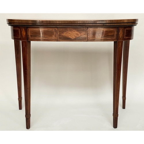 88 - CARD TABLE, George III rosewood and satinwood crossbanded, D shaped foldover and baize with lozenge ... 