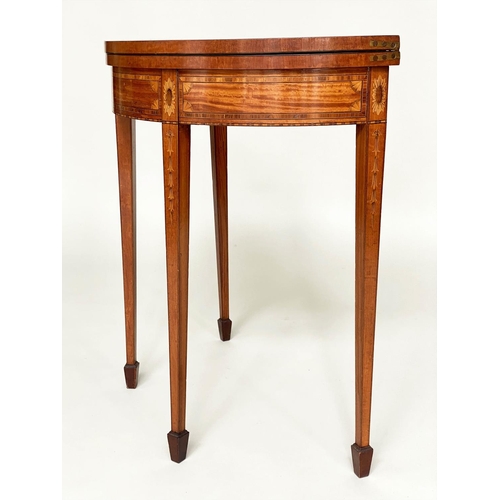 95 - CARD TABLE, late 19th/early 20th century demilune foldover satinwood radial veneered and marquetry i... 