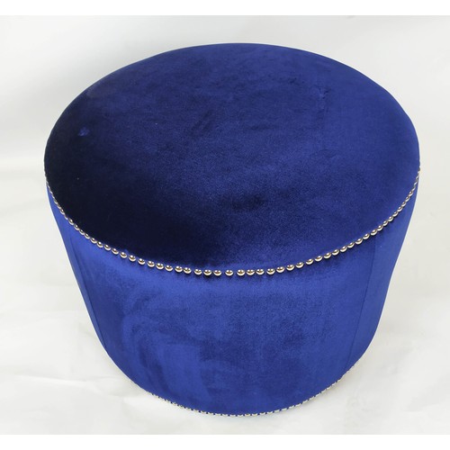 267 - A CIRCULAR BLUE VELVET POUFFE, 45cm H x 57cm diam.