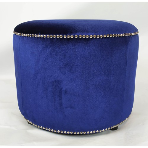 267 - A CIRCULAR BLUE VELVET POUFFE, 45cm H x 57cm diam.