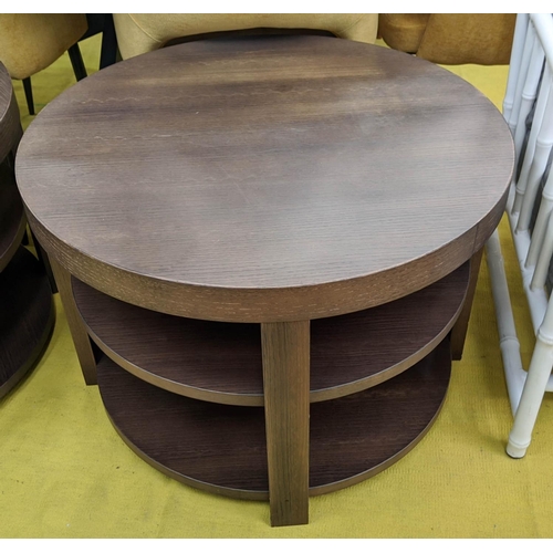 429 - SIDE TABLES, a pair, contemporary, three tier dark wood design, 75cm diam x 52cm H. (2)