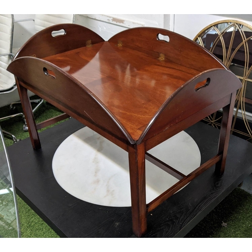 150 - ARTHUR BRETT STYLE BUTLERS TRAY TABLE, mahogany removable top with hinged handles, oval glass cover,... 