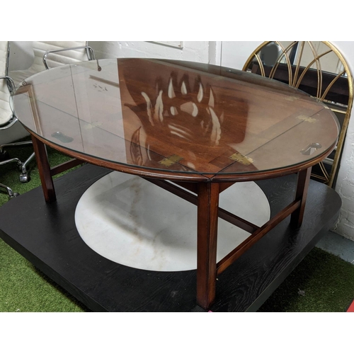 150 - ARTHUR BRETT STYLE BUTLERS TRAY TABLE, mahogany removable top with hinged handles, oval glass cover,... 