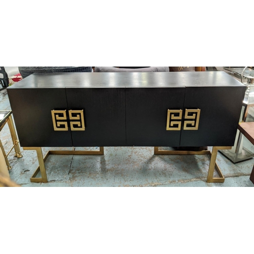 347 - SIDEBOARD, dark wood and gilt metal, four door, 160cm x 42cm x 80.5cm.