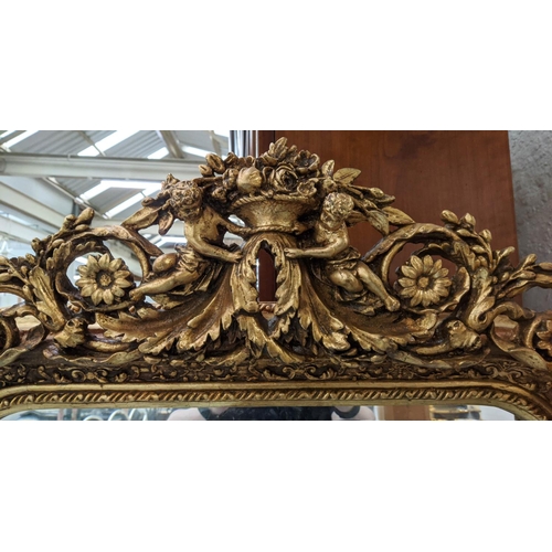 390 - OVERMANTLE WALL MIRROR, 155cm x 90cm, belle époque style, gilt frame, with putti detail to surmount.