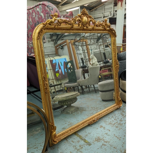 391 - OVERMANTEL WALL MIRROR, 150cm x 170cm, gilt frame, putti detail to surmount.