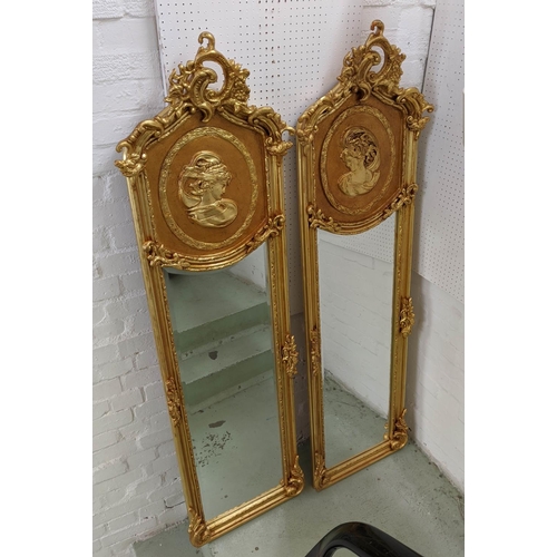 392 - PIER MIRRORS, a pair, 178cm x 52cm each, belle époque style, gilt frames.